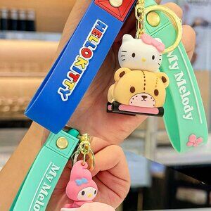 Hello Kitty & My Melody Cars Keychain Gold-Tone Charm Wristlet 2 Pcs